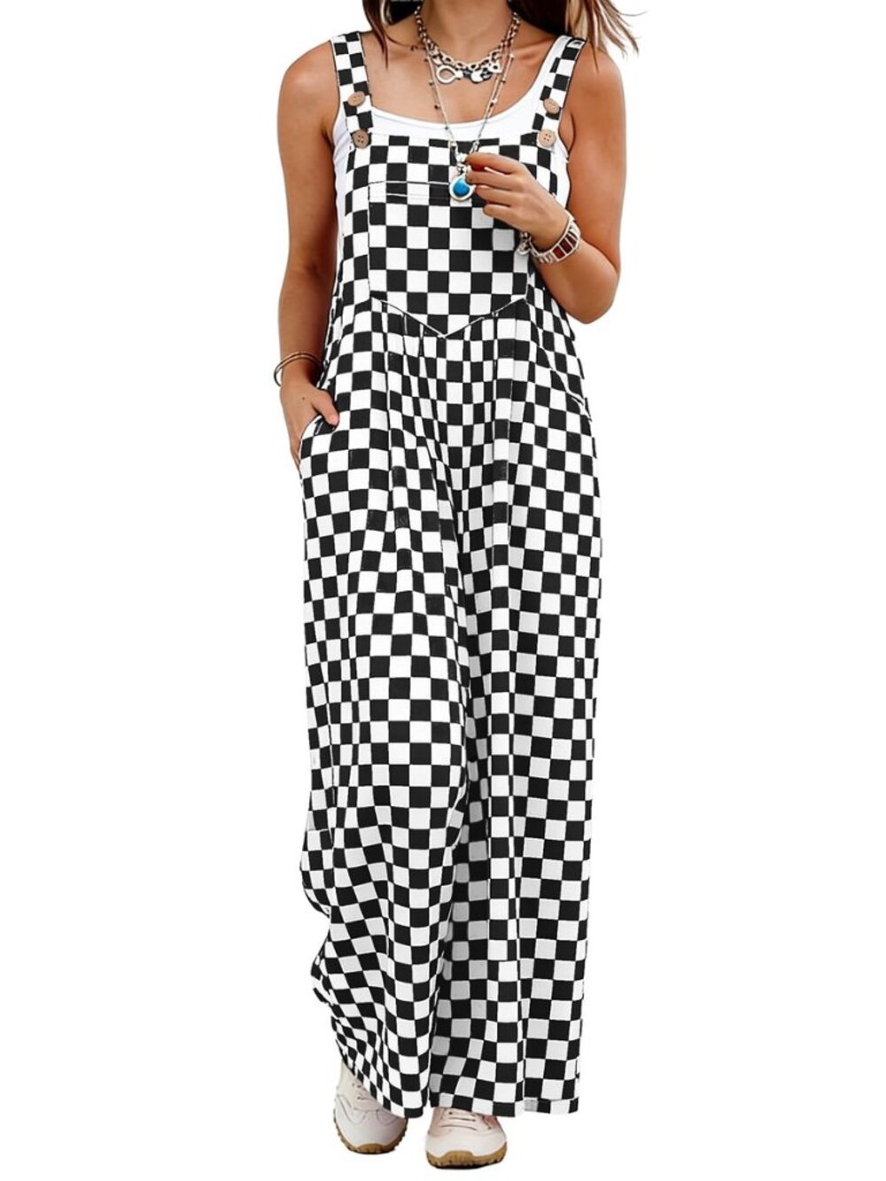Womens Checkered Wide Leg Overalls Loose